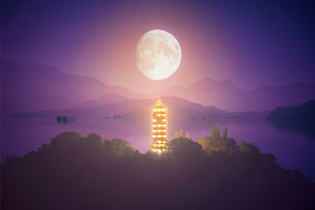 Sun Moon Lake Ci En Pagoda and Meditation of the Moon. Computer composite image. The mountain and lake scenery of Sun Moon Lake in the morning. Nantou, Taiwanの写真素材