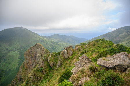 Beautiful mountain shadows and majestic rock walls. Abandoned radar station. Autumn is a good time to climb Banping Mountain in Ruifang, New Taipei City.の写真素材