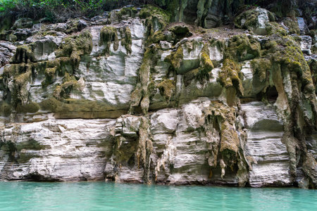 The Three Gorges of the Yangtze River are quiet and charming, with majestic peaks, clear river water and shrouded clouds. Trail on the mountain wall.の写真素材