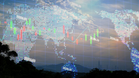 Fast changing stock market candlestick chart on holographic world map. The serenity of the city...