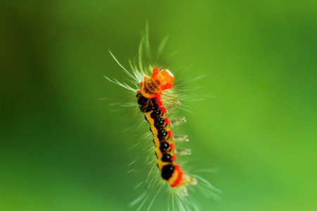A close-up of a colorful Tussock moth larvae showcasing its intricate patterns and hairy texture....