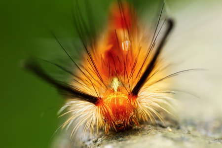 Detailed view of a Neocifuna olivacea caterpillar with orange and black bristles. Capture the unique insect patterns in Wulai, New Taipei City.の写真素材
