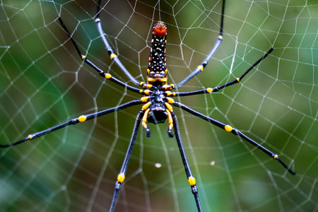 Detailed capture of a Giant Wood Spider consuming its prey on a delicate web. Vibrant colors and natural predation scene, Wulai, Taiwan.の写真素材