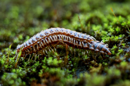 Macro shot of two millipedes mating on a bed of green moss. The segmented bodies of millipedes intertwine during the act of reproduction.の写真素材