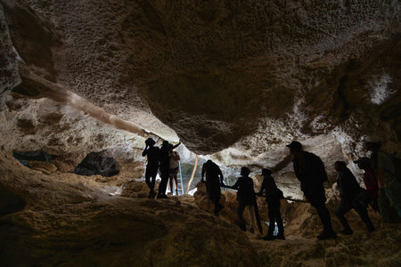Tourists navigate through narrow limestone caves. The karst formations and tree roots create a unique landscape. Bemaraha National Park, Madagascar.の写真素材