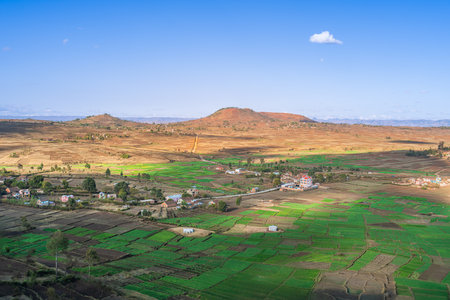Vast farmland with green and brown patches under a clear blue sky. Rolling hills in the background. Isalo National Park, Madagascar.の写真素材