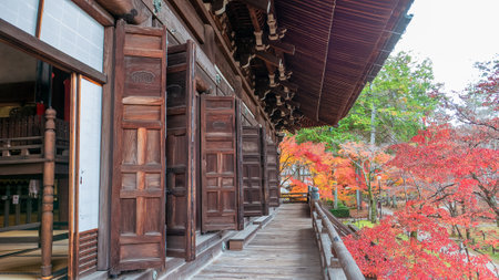 A view of the main hall at Shinnyo-do Temple with wooden doors partially open, revealing vibrant...