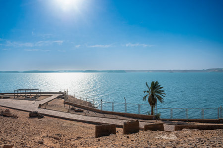 Captivating image of Lake Nasser taken from Aswan, Egypt, showcasing the serene waters and surrounding landscape on the path to Abu Simbel Temples. Photographed on January 16, 2025.の写真素材