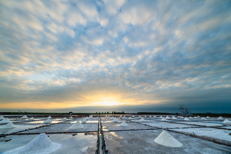 The expansive salt fields of Qigu in Tainan City, Taiwan, are bathed in the soft light of a sunset,...