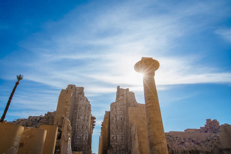 Witness Luxor Temple of Karnak Taharqa Kiosk pillar at sunrise, filmed in 2025. This spring scene highlights a papyrus-shaped column from the Nubian 25th Dynasty in Egypt.の写真素材