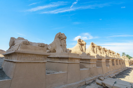 Stone sphinxes with ram heads flank the ceremonial path at Karnak Temple in Luxor Egypt. Their aligned forms and carved details reflect ancient sacred design.の写真素材
