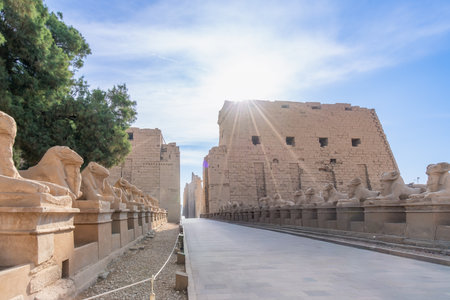 Avenue of ram-headed sphinxes at Karnak Temple in Luxor, Egypt during spring morning. Ancient Egyptian architecture with massive stone pylons and sacred pathway.の写真素材