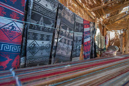 Hurghada, Egypt - January 19, 2025: Handwoven traditional Bedouin textiles and rugs hanging inside a thatched tent structure at a Bedouin village.のeditorial素材
