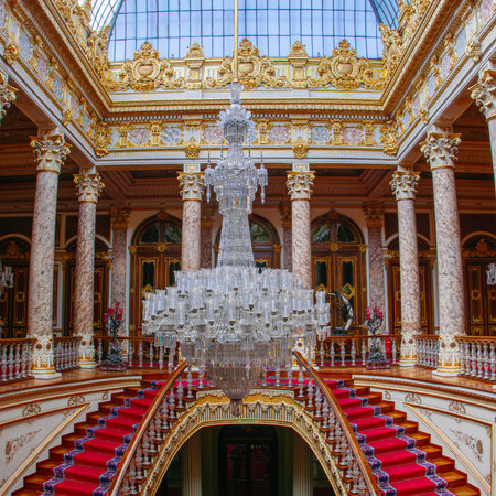 ISTANBUL, TURKEY - MAY 6, 2026: The ornate crystal chandelier hangs above the grand staircase with a red carpet inside the historic Dolmabahce Palace.