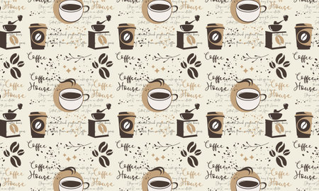 Hand Drawn Coffee Seamless Pattern with Lettering Vector Backgroundのイラスト素材