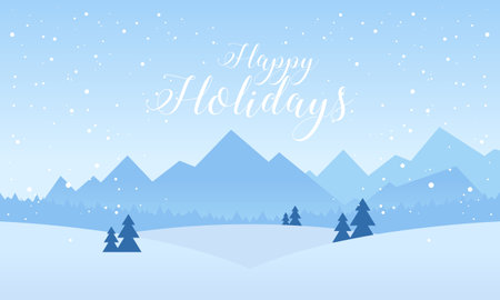 Happy Holidays with Blue Mountains Winter Snowy and Pines Forest Vector Illustrationのイラスト素材