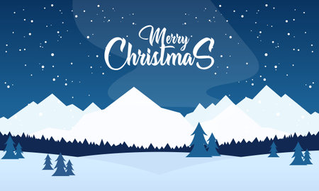 Happy Holidays with Blue Mountains Winter Snowy and Pines Forest Vector Illustrationのイラスト素材