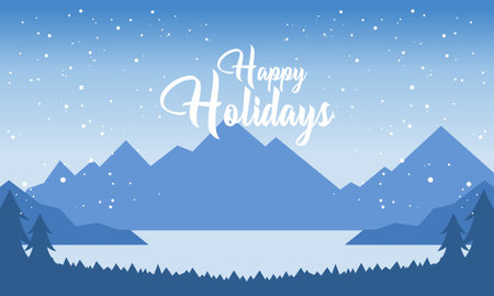 Happy Holidays with Blue Mountains Winter Snowy and Pines Forest Vector Illustrationのイラスト素材