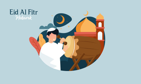 Happy Muslim People Celebrate Eid Al-Fitr Mubarak Illustrationのイラスト素材