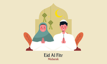 Happy Muslim People Celebrate Eid Al-Fitr Mubarak Illustrationのイラスト素材