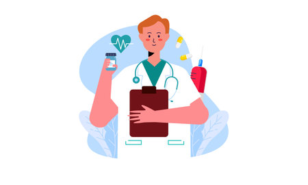 Doctor Character with Stethoscope Vector Illustration. Medical Treatment Conceptのイラスト素材