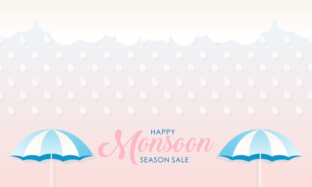 Cute Pastel Color Scheme and Paper Cut Style Happy Monsoon Season Sale Banner Backgroundのイラスト素材