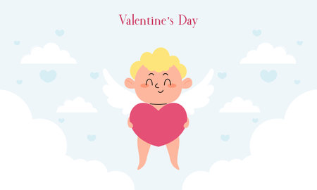 Valentine's Day Illustration with Cute Cupid Isolated on the Sky Clouds Backgroundのイラスト素材