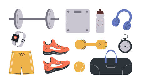 Set of Hand Drawn Fitness Equipment Flat Design Illustration. Collection of Different Gym Exercise Toolsのイラスト素材
