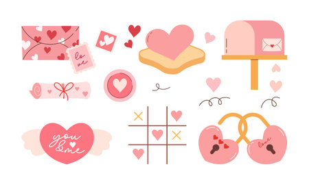 Set of Cute Flat Hand Drawn Valentine's Day Elements. Lovely Pink and Red Valentine's Icon Collection Illustration.のイラスト素材
