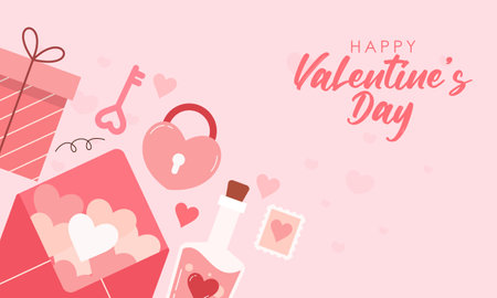 Flat Hand Drawn Cute Lovely Valentine's Day Background Concept. Flat Lay Concept with Pink and Red Valentine's Elements. Design for wallpaper, greeting cards, wrapping paper.のイラスト素材