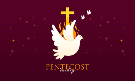 Pentecost Sunday Holy Spirit Celebration with Dove, Flame, and Cross Banner Illustration.のイラスト素材