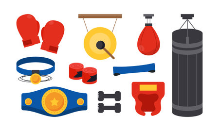 Boxing Equipment Tools Set. Flat Illustration Icon Collection for Training and Fitness.のイラスト素材