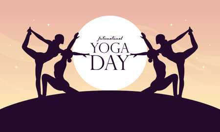 International Yoga Day Banner with Silhouettes of Yoga Poses. Perfect for Background, Poster, Social Media Post,  Ad Templates, Yoga Studios, Wellness Campaigns, Fitness Promotion.のイラスト素材