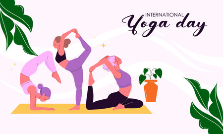 International Yoga Day Flat Hand Drawn Illustration with Woman Performing Yoga Poses. Perfect for Banner, Background, Poster, Wellness Campaigns, Yoga Promotions, Ad Templates.のイラスト素材
