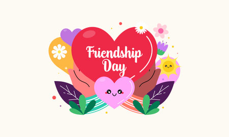 Hand Drawn Flat Background Happy Friendship Day Celebration with Hearts and Flowers. Perfect for Greeting Cards, Social Media Posts, Banner, and Moreのイラスト素材