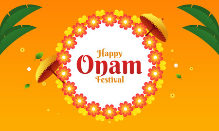 Happy Onam Festival Celebration with Onam Elements and Floral Decorations. Ideal for use in Graphic Design, Greeting Cards, Posters, and Social Media, Banners, and More.のイラスト素材