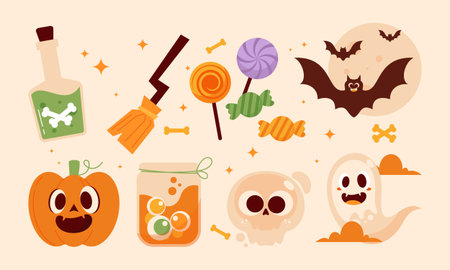 Cute Halloween Vector Illustration Set with Pumpkin, Ghost, Bat, Candy and Spooky Elementsのイラスト素材