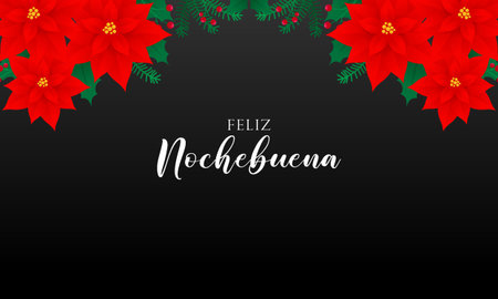 Feliz Nochebuena Christmas Floral Background with Red Poinsettia and Greenery Decorationのイラスト素材