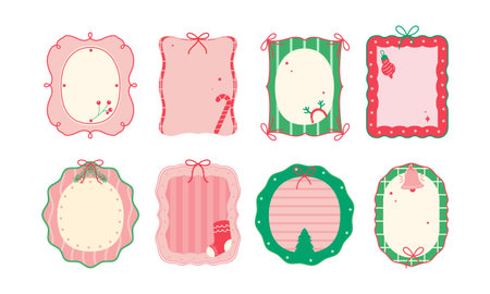 Christmas Coquette Frame Collection - Cute Pastel Pink, Red, and Green Decorative Borders for Holiday Designsのイラスト素材