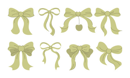 Coquette Bow Vector Set Hand Drawn Illustration in Soft Pastel Colorsのイラスト素材