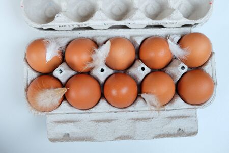 Brown Eggs in paper egg panel with chicken feather close up.の写真素材