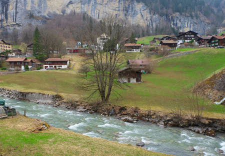 Famous Lauterbrunnen valley colorful meadows in the Swiss Alps, Berner Oberland, Switzerland, Europe.の写真素材