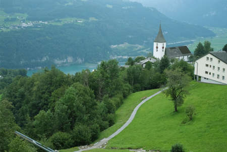 Beautiful alpine pasture villages - Amden in the canton of St. Gallen in Switzerland. Swiss alps landscape view.の写真素材