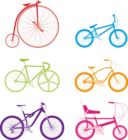 Six colourful bikes on a white backgroundのイラスト素材