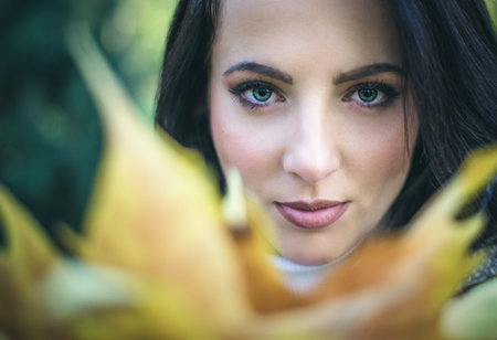Pretty serene young woman looking over colorful yellow autumn leaves at the camera with a quiet...