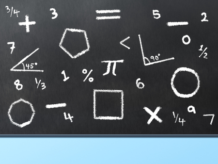 Black board with math symbols and shapes written in chalkの写真素材