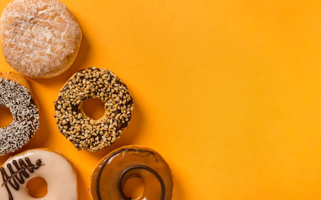 Doughnuts with yellow background and copy space for text, close up food concept image.