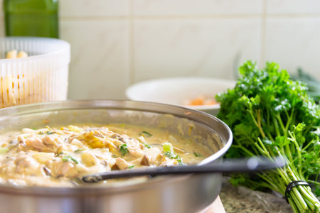 Close up of white pasta sauce dish in frying pan on kitchen bench ready to be served - home cooking...