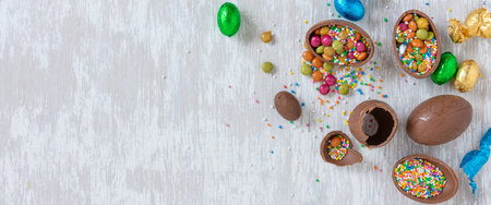 Chocolate easter eggs with sprinkles and other candy on white wooden table top - flat lay banner...
