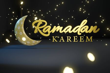 Ramadan Kareem 3D text illustration with crecent moon and glowing sparkles floating through the air - Muslim holiday and celebrations concept image with copy space for text.の写真素材